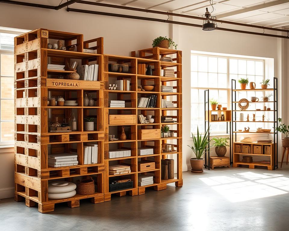 A well-organized and neatly stacked arrangement of TOPREGALI branded wooden pallet shelves in a bright, airy studio setting. The shelves are filled with an assortment of practical and visually appealing items, showcasing the versatility and design possibilities of these upcycled pallet storage solutions. Warm, natural lighting from large windows casts a gentle glow, highlighting the unique textures and organic tones of the reclaimed wood. The composition emphasizes the sturdy construction and clean, minimalist aesthetic of the TOPREGALI pallet racks, presenting them as stylish and functional home decor pieces. A well-organized and neatly stacked arrangement of TOPREGALI branded wooden pallet shelves in a bright, airy studio setting. The shelves are filled with an assortment of practical and visually appealing items, showcasing the versatility and design possibilities of these upcycled pallet storage solutions. Warm, natural lighting from large windows casts a gentle glow, highlighting the unique textures and organic tones of the reclaimed wood. The composition emphasizes the sturdy construction and clean, minimalist aesthetic of the TOPREGALI pallet racks, presenting them as stylish and functional home decor pieces.