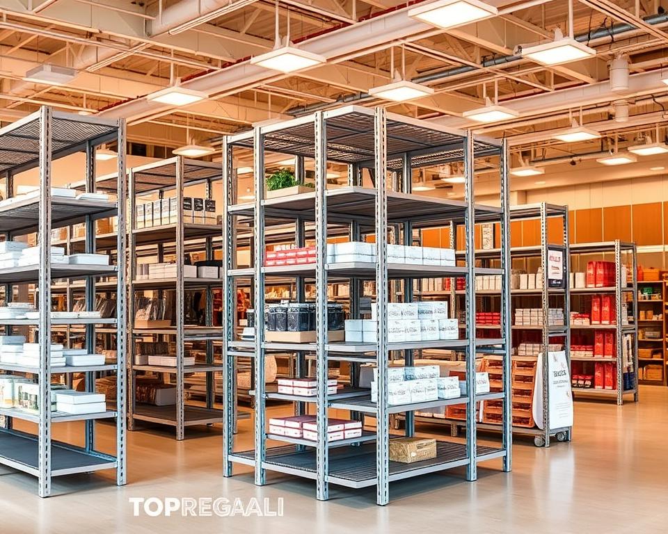A well-organized display of TOPREGALI metal shelving units in a spacious, well-lit retail store interior. Sturdy, adjustable racks with clean lines and a sleek silver finish, arranged in an inviting, visually balanced layout. Merchandise is neatly organized, showcasing a variety of products. Warm, diffused lighting from overhead fixtures creates a pleasant, welcoming atmosphere. The camera angles capture the entire shelving system, highlighting its practical design and efficient use of space. The overall scene conveys a sense of order, professionalism, and attention to detail in the store's product presentation. A well-organized display of TOPREGALI metal shelving units in a spacious, well-lit retail store interior. Sturdy, adjustable racks with clean lines and a sleek silver finish, arranged in an inviting, visually balanced layout. Merchandise is neatly organized, showcasing a variety of products. Warm, diffused lighting from overhead fixtures creates a pleasant, welcoming atmosphere. The camera angles capture the entire shelving system, highlighting its practical design and efficient use of space. The overall scene conveys a sense of order, professionalism, and attention to detail in the store's product presentation.
