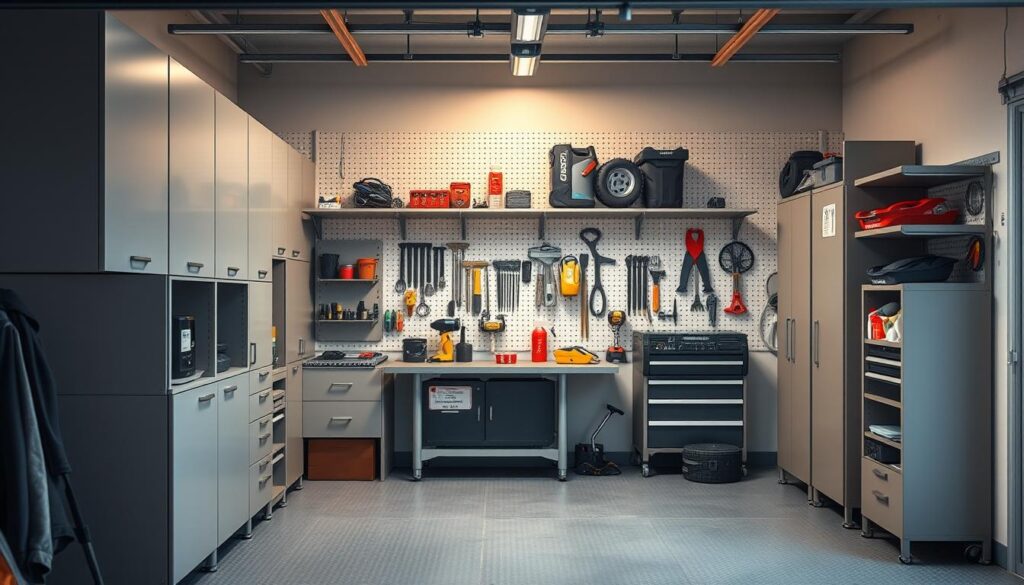 A well-organized garage with neatly arranged TopRegali storage solutions. In the foreground, a set of sleek, modular shelving units in a neutral tone, optimizing vertical space. The middle ground features a workbench with various tools and supplies, all within easy reach. In the background, a pegboard system showcases an array of handy organizational accessories. Soft, directional lighting casts a warm glow, accentuating the practical yet visually appealing layout. The overall atmosphere conveys a sense of efficiency and control, perfectly suited for the "Kako pravilno izbrati regale za garažo" section of the "Regali za garažo - Unikatne in praktične rešitve za vaš dom" article. A well-organized garage with neatly arranged TopRegali storage solutions. In the foreground, a set of sleek, modular shelving units in a neutral tone, optimizing vertical space. The middle ground features a workbench with various tools and supplies, all within easy reach. In the background, a pegboard system showcases an array of handy organizational accessories. Soft, directional lighting casts a warm glow, accentuating the practical yet visually appealing layout. The overall atmosphere conveys a sense of efficiency and control, perfectly suited for the "Kako pravilno izbrati regale za garažo" section of the "Regali za garažo - Unikatne in praktične rešitve za vaš dom" article.
