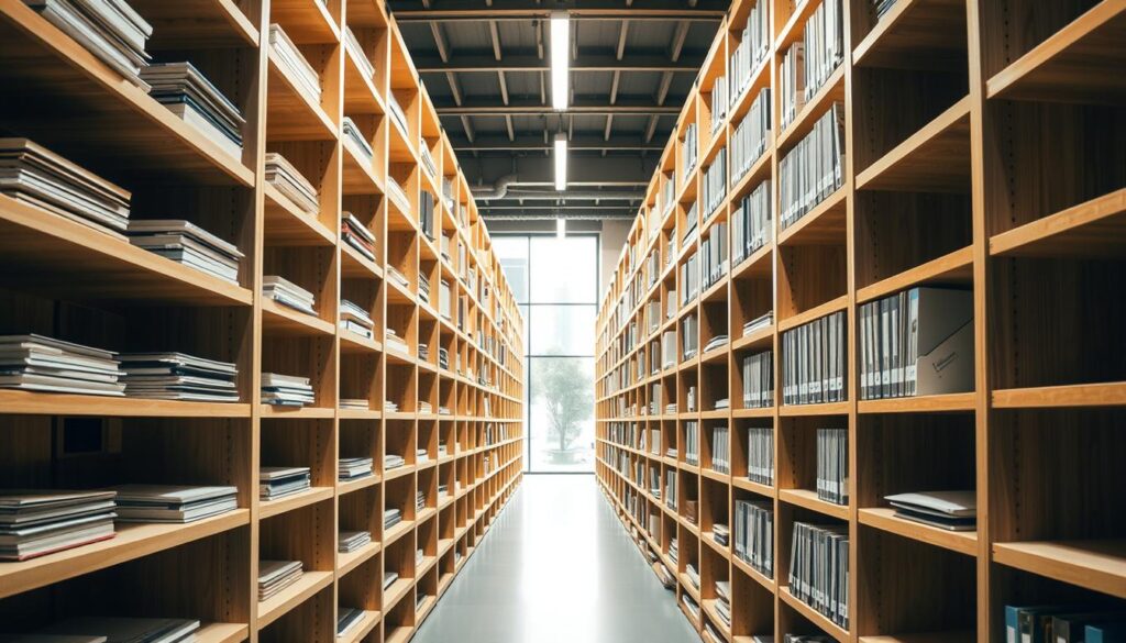 A well-organized, modular archive system with sleek, TopRegali shelves made of sturdy, light-colored wood. The shelves are arranged in a symmetrical, minimalist layout, allowing easy access and organization of important documents. Warm, natural lighting illuminates the scene, creating a serene, professional atmosphere. The camera angle showcases the clean lines and efficient design of the shelving, highlighting its functionality and suitability for an archive. The overall impression is one of modern, streamlined storage solutions that preserve and protect valuable records. A well-organized, modular archive system with sleek, TopRegali shelves made of sturdy, light-colored wood. The shelves are arranged in a symmetrical, minimalist layout, allowing easy access and organization of important documents. Warm, natural lighting illuminates the scene, creating a serene, professional atmosphere. The camera angle showcases the clean lines and efficient design of the shelving, highlighting its functionality and suitability for an archive. The overall impression is one of modern, streamlined storage solutions that preserve and protect valuable records.
