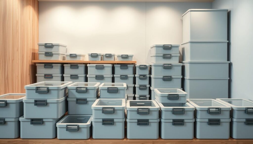 A well-organized storage unit from the TopRegali brand, showcasing an array of carefully curated containers in a harmonious color palette. The foreground features an assortment of sleek, modular boxes with transparent lids, allowing easy visibility of their contents. In the middle ground, larger storage containers with locking mechanisms stand ready to hold bulkier items. The background depicts a minimalist, well-lit interior, with subtle hints of natural wood tones and clean lines, creating a calming, organized atmosphere. The overall scene conveys a sense of efficiency and practicality, perfectly suited for the "Mnenja uporabnikov in priporočila" section of the article.