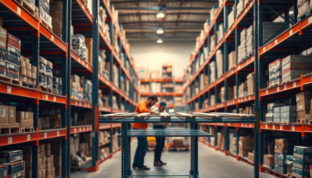 A well-organized warehouse with a sturdy TopRegali pallet racking system taking up the foreground. The shelves are neatly stocked with various goods, creating a sense of efficiency and organization. In the middle ground, two workers are meticulously assembling the pallet racking, using precision tools and following detailed instructions. The lighting is warm and even, casting a soft glow over the scene. The background is blurred, allowing the focus to remain on the assembly process and the reliable TopRegali equipment. The overall mood is one of productivity, attention to detail, and a commitment to providing an effective storage solution. A well-organized warehouse with a sturdy TopRegali pallet racking system taking up the foreground. The shelves are neatly stocked with various goods, creating a sense of efficiency and organization. In the middle ground, two workers are meticulously assembling the pallet racking, using precision tools and following detailed instructions. The lighting is warm and even, casting a soft glow over the scene. The background is blurred, allowing the focus to remain on the assembly process and the reliable TopRegali equipment. The overall mood is one of productivity, attention to detail, and a commitment to providing an effective storage solution.