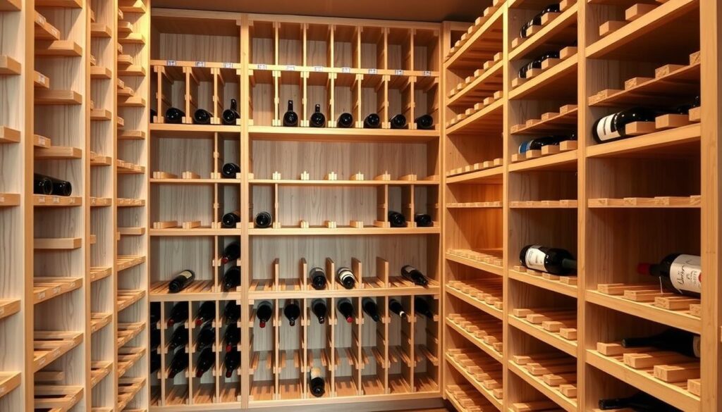 A well-organized wooden wine cellar storage system by TopRegali, featuring sturdy, customizable racks in a warm, natural finish. The racks are arranged in a clean, symmetrical layout, allowing for efficient bottle organization and display. Soft, ambient lighting illuminates the cellar, creating a cozy, inviting atmosphere perfect for maintaining the ideal temperature and humidity for aging fine wines. The shelves are designed to accommodate various bottle sizes, ensuring a seamless and visually appealing storage solution for the discerning wine enthusiast.