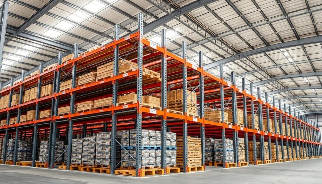 An industrial warehouse interior with sleek, modern TopRegali branded storage racks designed to efficiently store and organize pallets. The racks are arranged in neat rows, their metallic frames gleaming under the bright overhead lighting. The pallets sit neatly stacked, showcasing the racks' ample storage capacity. In the background, the warehouse stretches out, with high ceilings and concrete floors conveying a sense of scale and functionality. The overall scene evokes a professional, well-organized storage solution optimized for pallet management.