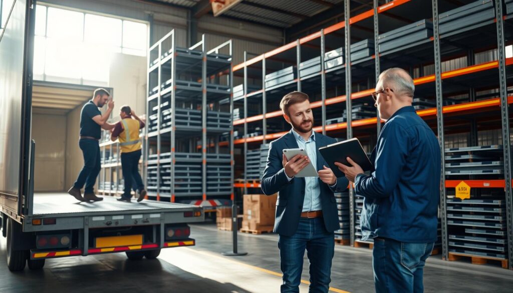 An interior warehouse scene showing the process of ordering and delivering premium storage racks from TopRegali in Ljubljana. In the foreground, a team of warehouse workers carefully load a stack of metal shelving units onto a delivery truck, with sunlight streaming in through the windows. In the middle ground, a customer reviews product specifications on a tablet while discussing the order with a sales representative. In the background, rows of neatly organized racking systems line the shelves, reflecting the high-quality craftsmanship and attention to detail that TopRegali is known for. The scene conveys a sense of efficiency, professionalism, and top-tier customer service.