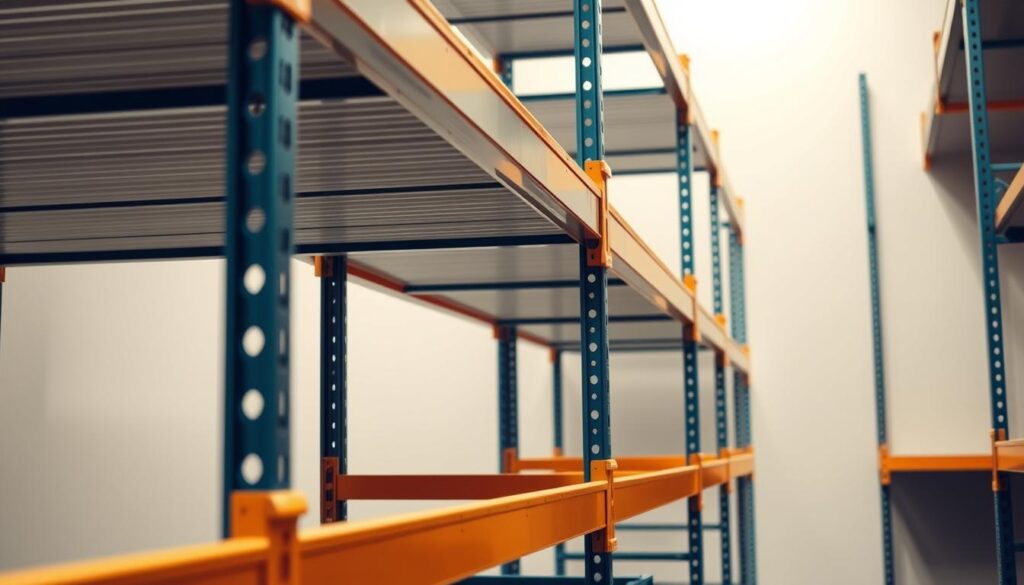 Detailed close-up of high-quality TopRegali industrial-grade metal storage racks, showcasing their robust construction and durable finish. Illuminated by soft, diffused studio lighting that accentuates the clean lines and sturdy shelving units. The racks are arranged in an organized, symmetrical pattern, conveying a sense of efficiency and professionalism. The background is a plain, neutral color that allows the storage racks to be the focal point. The scene evokes a sense of reliability, durability, and well-maintained warehouse operations.