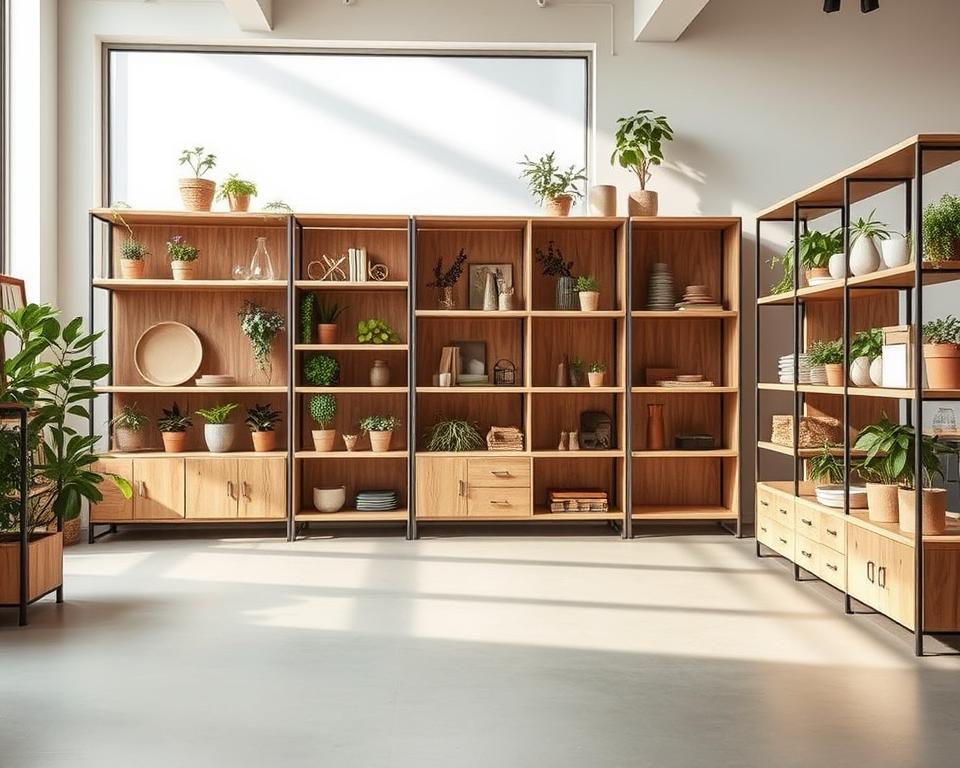 Detailed, eco-friendly wooden storage shelves with natural grain textures and warm tones. Minimalist, modern design with sleek lines and minimal hardware. The TOPREGALI shelving units are arranged in a minimalist, well-lit showroom setting with soft, diffused natural lighting filtering through large windows. The shelves are filled with a variety of potted plants, natural materials, and organic-looking decor, creating a serene, nature-inspired ambiance. The overall scene conveys a sense of environmental consciousness, sustainability, and a harmonious blend of nature and functional storage.