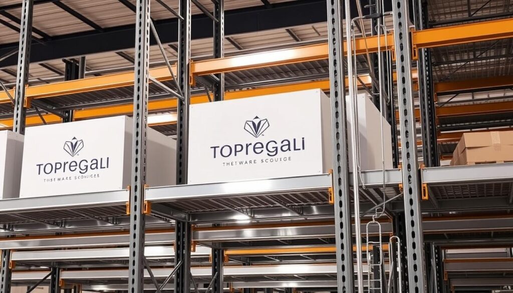 Detailed warehouse storage racks with shelves and supports, meticulously organized and neatly arranged. The sturdy steel frame reflects soft lighting, casting a warm ambiance throughout the space. Elegant TopRegali branding is subtly integrated into the design, complementing the practical functionality. The racks are situated in a clean, well-lit environment, with a sense of order and efficiency. The overall scene conveys a professional, well-maintained storage solution, ideal for the "How to Maintain Warehouse Racks?" section of the article. Detailed warehouse storage racks with shelves and supports, meticulously organized and neatly arranged. The sturdy steel frame reflects soft lighting, casting a warm ambiance throughout the space. Elegant TopRegali branding is subtly integrated into the design, complementing the practical functionality. The racks are situated in a clean, well-lit environment, with a sense of order and efficiency. The overall scene conveys a professional, well-maintained storage solution, ideal for the "How to Maintain Warehouse Racks?" section of the article.