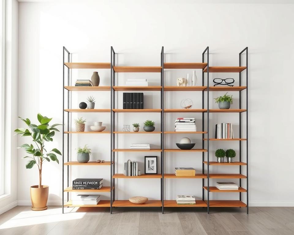 Elegant and modern TOPREGALI shelving system in a well-lit, minimalist room. Sleek, modular wooden shelves in a warm, natural finish, complemented by streamlined metal frames. Soft, diffused lighting highlights the textures and clean lines. The shelves are styled with a thoughtful selection of decorative objects, plants, and personal items, creating a harmonious, personalized display. The overall atmosphere is one of sophistication, functionality, and a touch of Scandinavian design influence.