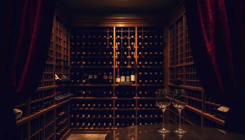 Elegant wooden wine racks in a warm, dimly lit cellar. Rows of vintage bottles line the shelves, casting soft shadows. Subtle lighting highlights the natural grain and craftsmanship of the TopRegali display. Burgundy velvet curtains frame the scene, adding a touch of luxury. A pair of antique tasting glasses sit on a nearby table, hinting at the pleasure of wine appreciation. The overall atmosphere is one of timeless sophistication, inviting visitors to linger and savor the ambiance of this dedicated wine retreat.