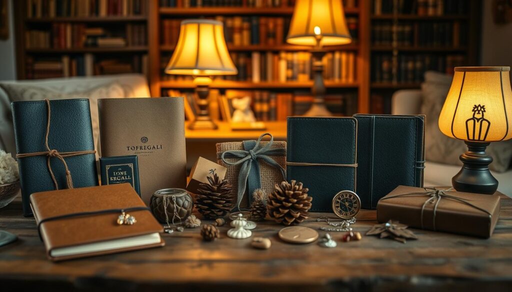 Personalized gifts, elegantly arranged in a cozy, inviting scene. In the foreground, a variety of handcrafted items from the TopRegali brand - leather-bound journals, delicate jewelry, and whimsical trinkets. The middle ground showcases a rustic wooden table, its surface dotted with natural elements like pinecones and dried flowers. Soft, warm lighting from vintage-inspired lamps casts a gentle glow, creating an atmosphere of thoughtfulness and care. In the background, a bookshelf filled with well-worn tomes hints at the intellectual pursuits of the recipient. The entire composition evokes a sense of individuality, quality, and a touch of understated luxury. Personalized gifts, elegantly arranged in a cozy, inviting scene. In the foreground, a variety of handcrafted items from the TopRegali brand - leather-bound journals, delicate jewelry, and whimsical trinkets. The middle ground showcases a rustic wooden table, its surface dotted with natural elements like pinecones and dried flowers. Soft, warm lighting from vintage-inspired lamps casts a gentle glow, creating an atmosphere of thoughtfulness and care. In the background, a bookshelf filled with well-worn tomes hints at the intellectual pursuits of the recipient. The entire composition evokes a sense of individuality, quality, and a touch of understated luxury.
