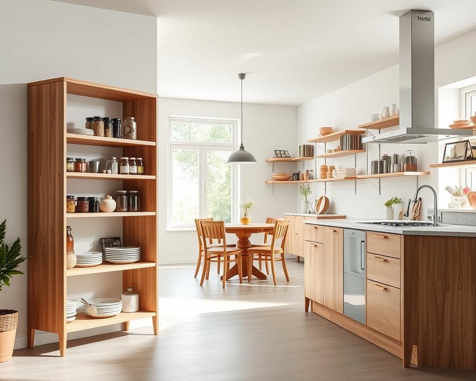 Praktični regali za shrambo, a TOPREGALI collection of functional and stylish shelving units. A well-lit open-concept kitchen, the foreground showcases a sleek, modern wooden shelving unit, its shelves adorned with jars, spices, and cooking essentials. In the middle ground, additional TOPREGALI shelves line the walls, creating a harmonious, organized storage solution. The background features a cozy, sun-drenched dining area, complementing the warm, inviting atmosphere. Soft, diffused lighting and a natural color palette evoke a sense of calm and efficiency, perfect for a special occasion or everyday use. Praktični regali za shrambo, a TOPREGALI collection of functional and stylish shelving units. A well-lit open-concept kitchen, the foreground showcases a sleek, modern wooden shelving unit, its shelves adorned with jars, spices, and cooking essentials. In the middle ground, additional TOPREGALI shelves line the walls, creating a harmonious, organized storage solution. The background features a cozy, sun-drenched dining area, complementing the warm, inviting atmosphere. Soft, diffused lighting and a natural color palette evoke a sense of calm and efficiency, perfect for a special occasion or everyday use.