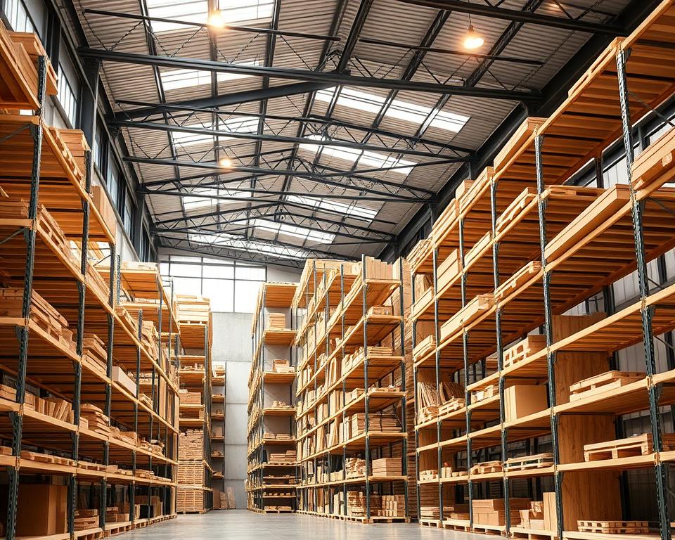 A modern industrial warehouse interior, showcasing a range of TOPREGALI wooden storage shelves and racks. The shelves are made from a variety of sustainable materials, including solid oak, birch plywood, and natural pine. The lighting is a combination of warm, overhead spotlights and diffuse natural light streaming through large windows, creating a bright and inviting atmosphere. The camera angle is slightly elevated, providing a panoramic view of the organized storage solutions. The overall mood is one of efficiency, practicality, and environmental consciousness, reflecting the quality and craftsmanship of the TOPREGALI brand.