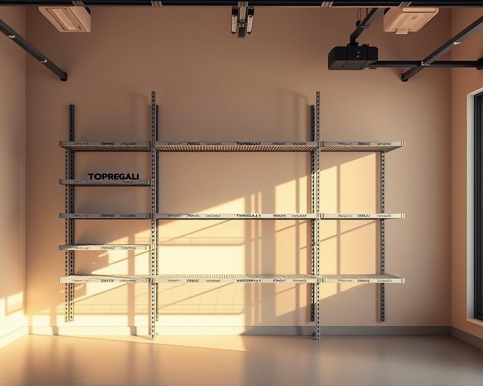 A modern, minimalist garage storage system with clean lines and a sleek, contemporary design. Showcasing a set of sturdy, TOPREGALI branded metal shelves in a muted, neutral color palette. The shelves are arranged in a visually appealing, asymmetrical layout, creating an eye-catching focal point. Warm, directional lighting casts subtle shadows, accentuating the simplistic yet functional nature of the regal setup. The overall atmosphere is one of organized efficiency and refined style, perfectly suited for the "Regali po zadnjih trendih" section of the article.