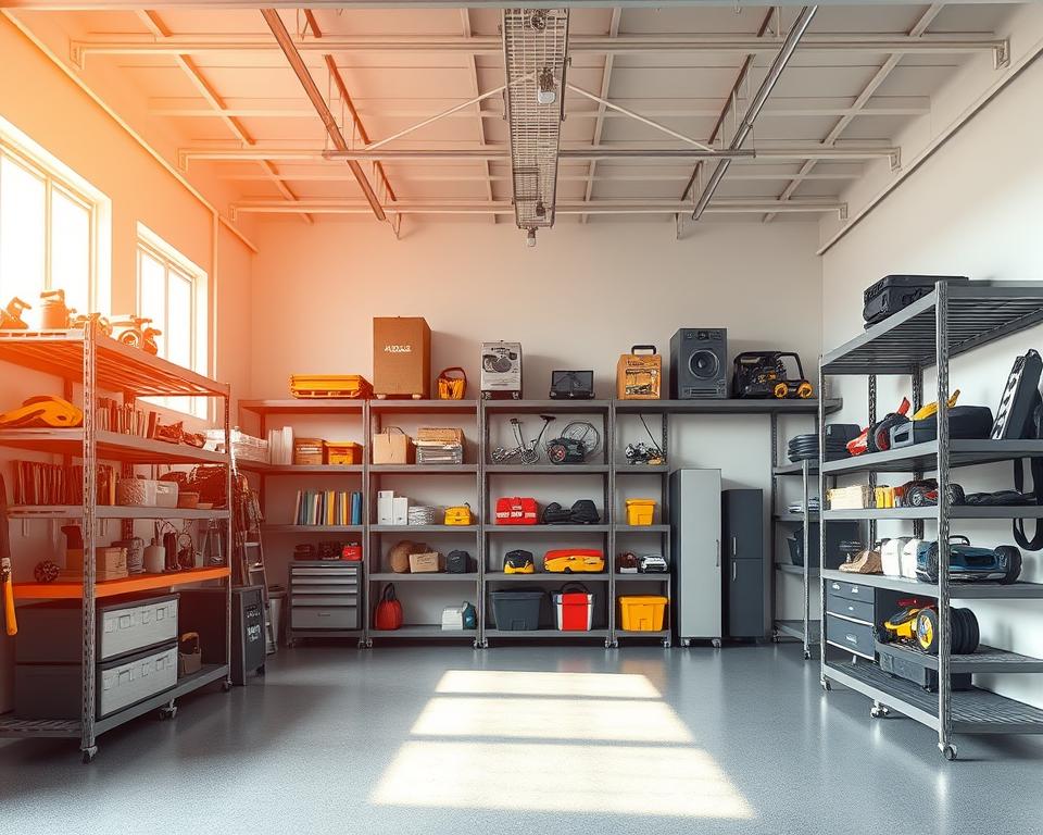 A well-lit and spacious garage interior, showcasing an assortment of sturdy, high-quality industrial shelving units from the TOPREGALI brand. The shelves are arranged in a visually appealing and organized manner, with a mix of open and closed storage compartments. The garage is bathed in warm, natural lighting, creating a welcoming and functional atmosphere. In the foreground, a variety of tools, equipment, and automobile accessories are neatly displayed on the shelves, demonstrating the versatility and practicality of these garage storage solutions. The middle ground features a clean, minimalist design aesthetic, while the background subtly suggests the larger context of the garage space.