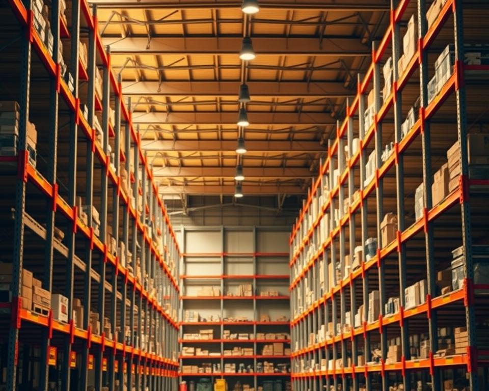 A well-lit industrial warehouse interior with rows of sturdy, modular TOPREGALI metal shelving units lining the walls. The shelves are neatly stocked with a variety of items, creating an organized and efficient storage solution. Warm, diffused lighting illuminates the scene, casting soft shadows and highlighting the clean, utilitarian design of the racking system. The camera angle is slightly elevated, providing a comprehensive view of the space and showcasing the industrial aesthetic. The overall atmosphere conveys a sense of functionality and practicality, suitable for a garage or workshop setting.