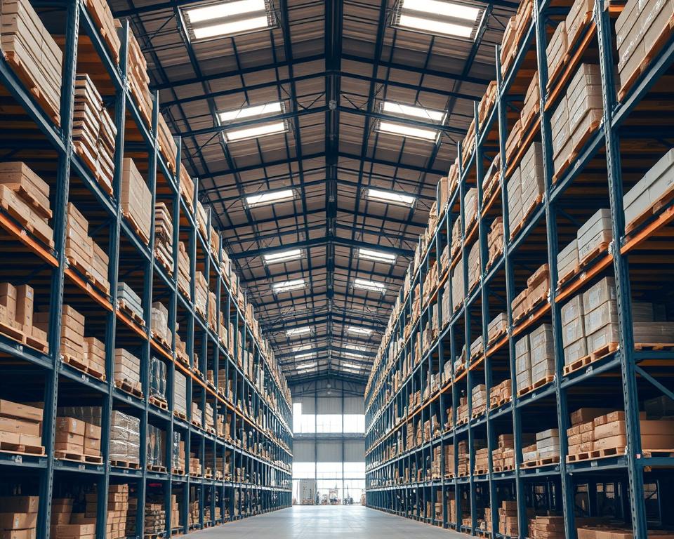 An industrial warehouse interior, bathed in warm, diffused lighting. In the foreground, rows of sturdy TOPREGALI storage racks, their wooden shelves neatly organized and laden with various goods. The middle ground showcases the functional, yet visually appealing design of these industrial shelving units, their clean lines and natural wood tones complementing the overall industrial aesthetic. In the background, a distant view of the warehouse ceiling and high windows, creating a sense of scale and depth. The scene conveys an atmosphere of efficient, modern storage optimization, perfectly suited to illustrate the section on "Skladiščna optimizacija z industrijskimi regali".