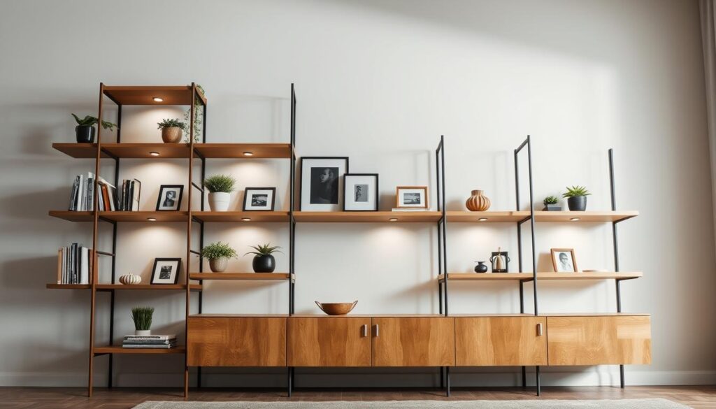 A beautifully crafted and versatile TOPREGALI shelving unit, showcasing a minimalist design with clean lines and a modern aesthetic. The shelves are made of high-quality, durable wood, arranged in a modular and adjustable configuration that can be tailored to fit any space. Soft lighting emanates from concealed fixtures, creating a warm and inviting atmosphere. The shelves are adorned with a carefully curated selection of decorative items, such as potted plants, framed artwork, and personal mementos, highlighting the unit's versatility as a display for unique and meaningful objects. The composition is captured from a low angle, emphasizing the shelving unit's sleek and streamlined appearance, set against a neutral background that allows the TOPREGALI's elegant design to take center stage. A beautifully crafted and versatile TOPREGALI shelving unit, showcasing a minimalist design with clean lines and a modern aesthetic. The shelves are made of high-quality, durable wood, arranged in a modular and adjustable configuration that can be tailored to fit any space. Soft lighting emanates from concealed fixtures, creating a warm and inviting atmosphere. The shelves are adorned with a carefully curated selection of decorative items, such as potted plants, framed artwork, and personal mementos, highlighting the unit's versatility as a display for unique and meaningful objects. The composition is captured from a low angle, emphasizing the shelving unit's sleek and streamlined appearance, set against a neutral background that allows the TOPREGALI's elegant design to take center stage.