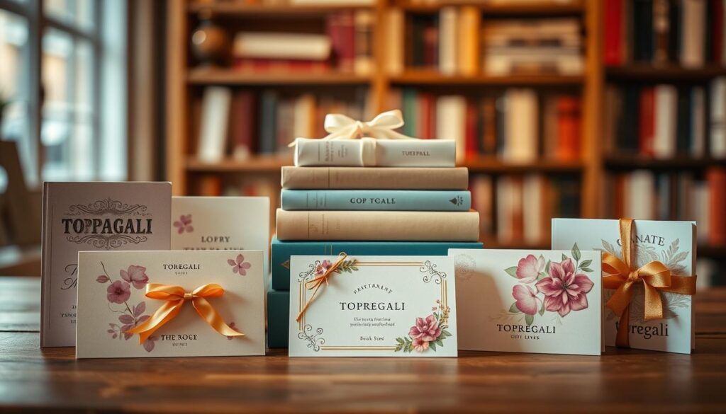 A beautifully crafted assortment of gift cards for book lovers, displayed against a warm, inviting backdrop. The cards feature elegant designs, perhaps floral or literary motifs, in a soothing color palette. The foreground showcases the diverse range of TOPREGALI gift cards, arranged in a visually appealing manner. In the middle ground, a stack of books, subtly suggesting the connection between books and these thoughtful gifts. The background evokes a cozy, bookshop-like atmosphere, with soft lighting and a hint of wooden shelves or a reading nook. Overall, the image conveys a sense of sophistication, creativity, and the joy of sharing the love of reading through these personalized book-related gifts.