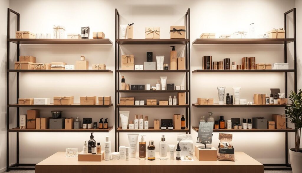 A beautifully lit, modern display of trendy health and beauty products showcased on sleek, minimalist TOPREGALI shelving units. The shelves feature an array of stylish, minimalist gift boxes and containers in muted, earthy tones, carefully arranged to create a visually appealing, cohesive display. The middle ground showcases a selection of premium skincare items, fragrances, and self-care accessories, while the background subtly blends in a softly lit, minimalist studio setting. The overall mood is one of understated elegance, highlighting the high-quality, trend-forward nature of the products. A beautifully lit, modern display of trendy health and beauty products showcased on sleek, minimalist TOPREGALI shelving units. The shelves feature an array of stylish, minimalist gift boxes and containers in muted, earthy tones, carefully arranged to create a visually appealing, cohesive display. The middle ground showcases a selection of premium skincare items, fragrances, and self-care accessories, while the background subtly blends in a softly lit, minimalist studio setting. The overall mood is one of understated elegance, highlighting the high-quality, trend-forward nature of the products.