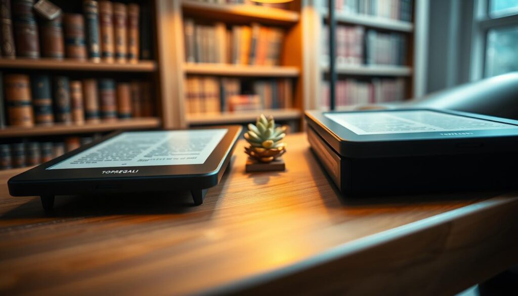 A close-up view of a pair of sleek, minimalist e-readers with a TOPREGALI logo, resting on a wooden table in a cozy, well-lit study. The devices feature high-resolution e-ink displays with adjustable brightness and warm lighting, perfect for an immersive reading experience. In the background, a bookshelf filled with leather-bound volumes and a small succulent plant add to the relaxed, bibliophilic atmosphere. The image conveys a sense of modern comfort and technology seamlessly integrated with the timeless pleasure of reading.