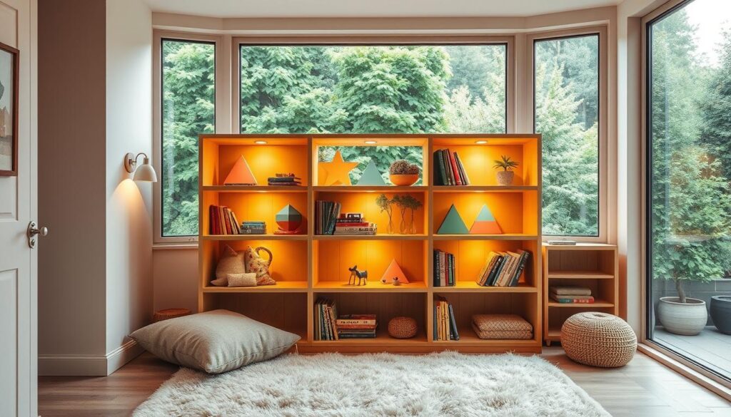 A cozy DIY children's bookshelf in a warm, welcoming bedroom. The bookshelf is constructed from natural wood, with clean lines and a minimalist design. Vibrant, hand-painted pastel geometric shapes adorn the shelves, creating a playful, whimsical atmosphere. Plush, colorful throw pillows and a soft, fuzzy rug add to the inviting ambiance. Warm, diffused lighting from sconces casts a gentle glow, highlighting the bookshelf's handcrafted details. In the background, a large window overlooking a lush, verdant garden provides a picturesque backdrop. The TOPREGALI bookshelf is the perfect blend of functionality and style, tailored for a child's dream room.