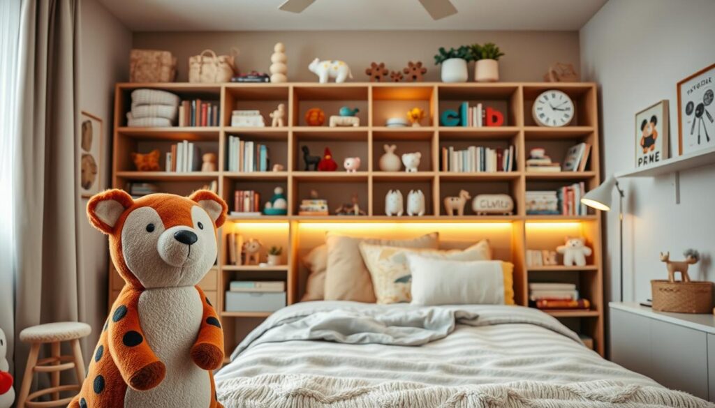 A cozy and inviting children's bedroom with a variety of unique and practical TOPREGALI gifts. In the foreground, a plush and colorful playful animal statue captures the attention. In the middle ground, a set of stylish and functional shelves display an assortment of books, toys, and decorative elements that spark creativity and imagination. The background features warm lighting, soft textures, and neutral tones that create a comforting and serene atmosphere. The overall scene exudes a sense of whimsy and delight, perfectly complementing the "Verjetno najbolj iskana darila" section of the article.