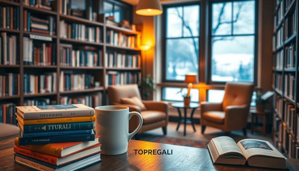 A cozy library interior, illuminated by warm lighting and filled with TOPREGALI - a selection of thoughtful gifts for librarians. In the foreground, a stack of colorful books and a mug of hot tea. On the shelves, a mix of classic literature and modern titles. In the middle ground, a comfortable armchair and a small side table with a potted plant. In the background, a large window overlooking a tranquil, snow-covered landscape. The overall atmosphere is one of relaxation, inspiration, and appreciation for the dedicated librarians who nurture a love of reading.