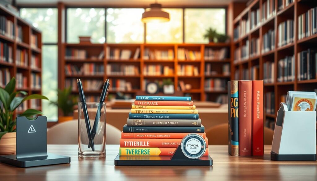 A cozy library scene, featuring an assortment of TOPREGALI gifts for librarians to enhance social interactions. In the foreground, a selection of stylish and functional desk accessories - a sleek pen holder, a modern bookend set, and a minimalist tape dispenser. In the middle ground, a stack of colorful, beautifully-designed books, inviting readers to explore new worlds. The background showcases a warm, well-lit library interior, with wooden shelves and a large window overlooking a tranquil garden. The lighting is soft and inviting, creating an atmosphere of knowledge and creativity. The overall mood is one of sophistication, productivity, and a touch of playfulness - perfect for inspiring librarians to cultivate engaging social interactions with their patrons.