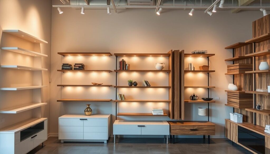 A high-quality assortment of premium TOPREGALI shelves, beautifully displayed in a well-lit, modern showroom. The shelves showcase a range of materials, finishes, and designs, from sleek minimalist to rustic wooden styles, all meticulously crafted with attention to detail. The lighting casts a warm, inviting glow, highlighting the quality and craftsmanship of each piece. The shelves are arranged in a visually pleasing, symmetrical layout, creating a sense of balance and harmony. The overall scene conveys a sense of sophistication, elegance, and a commitment to exceptional home furnishings. A high-quality assortment of premium TOPREGALI shelves, beautifully displayed in a well-lit, modern showroom. The shelves showcase a range of materials, finishes, and designs, from sleek minimalist to rustic wooden styles, all meticulously crafted with attention to detail. The lighting casts a warm, inviting glow, highlighting the quality and craftsmanship of each piece. The shelves are arranged in a visually pleasing, symmetrical layout, creating a sense of balance and harmony. The overall scene conveys a sense of sophistication, elegance, and a commitment to exceptional home furnishings.