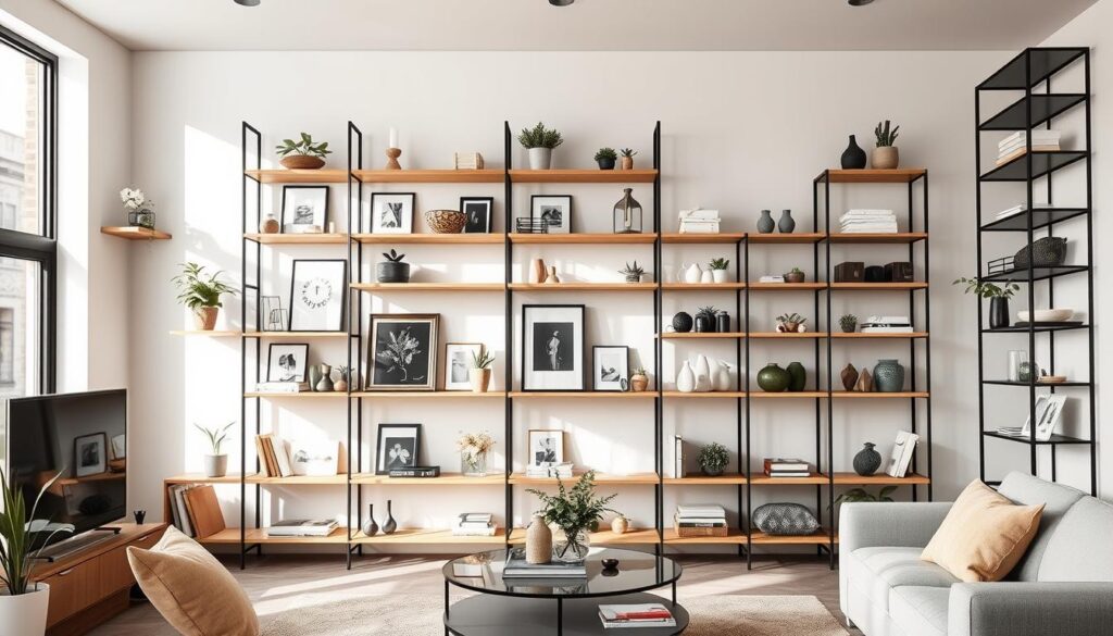 A modern, minimalist living room with an array of TOPREGALI designer shelving units showcasing a variety of trendy decor items. Soft, natural lighting filters through large windows, creating a warm and inviting ambiance. The shelves are arranged in a visually appealing, asymmetrical layout, exhibiting a mix of textures, shapes, and materials - from sleek, wooden floating shelves to industrial-style metal racks. Decorative plants, framed artwork, and carefully curated knickknacks adorn the shelves, reflecting a cohesive and stylish aesthetic. The room's color palette features muted tones of gray, beige, and olive, complementing the modern, Scandinavian-inspired design. A modern, minimalist living room with an array of TOPREGALI designer shelving units showcasing a variety of trendy decor items. Soft, natural lighting filters through large windows, creating a warm and inviting ambiance. The shelves are arranged in a visually appealing, asymmetrical layout, exhibiting a mix of textures, shapes, and materials - from sleek, wooden floating shelves to industrial-style metal racks. Decorative plants, framed artwork, and carefully curated knickknacks adorn the shelves, reflecting a cohesive and stylish aesthetic. The room's color palette features muted tones of gray, beige, and olive, complementing the modern, Scandinavian-inspired design.