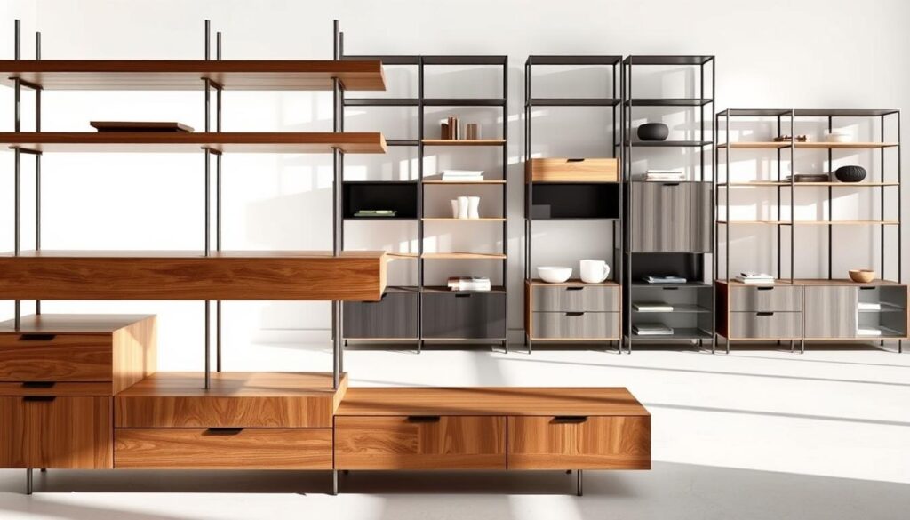 A modern range of elegant, minimalist TOPREGALI shelving units showcased in a well-lit, airy studio setting. The shelves feature a variety of wood grains and metallic finishes, arranged in a visually striking yet functional display. The foreground highlights a mid-range model with a sleek, floating design, while the background features higher-end, freestanding units in a variety of sizes and configurations. Soft, natural lighting casts subtle shadows, emphasizing the clean lines and premium materials. The overall mood is one of sophistication, highlighting the versatility and style of this diverse collection of modern TOPREGALI shelving solutions.