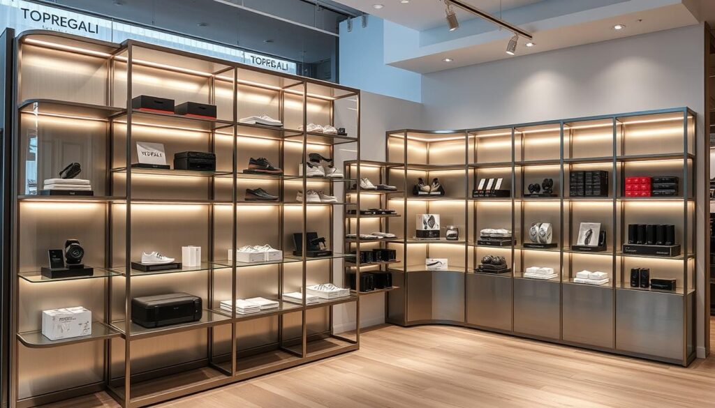 A modern, sleekly designed display of customized TOPREGALI shelving units showcases an array of products in a well-lit, minimalist retail setting. Brushed metal frames and tempered glass panels create a high-end, tech-forward aesthetic, complemented by hidden LED lighting that casts a warm glow across the merchandise. The modular, reconfigurable shelving allows the store owner to constantly refresh the visual layout, adapting to new product releases and seasonal trends. Strategically placed product spotlights draw the eye to key items, while the overall streamlined design maintains a sense of order and sophistication throughout the space. A modern, sleekly designed display of customized TOPREGALI shelving units showcases an array of products in a well-lit, minimalist retail setting. Brushed metal frames and tempered glass panels create a high-end, tech-forward aesthetic, complemented by hidden LED lighting that casts a warm glow across the merchandise. The modular, reconfigurable shelving allows the store owner to constantly refresh the visual layout, adapting to new product releases and seasonal trends. Strategically placed product spotlights draw the eye to key items, while the overall streamlined design maintains a sense of order and sophistication throughout the space.