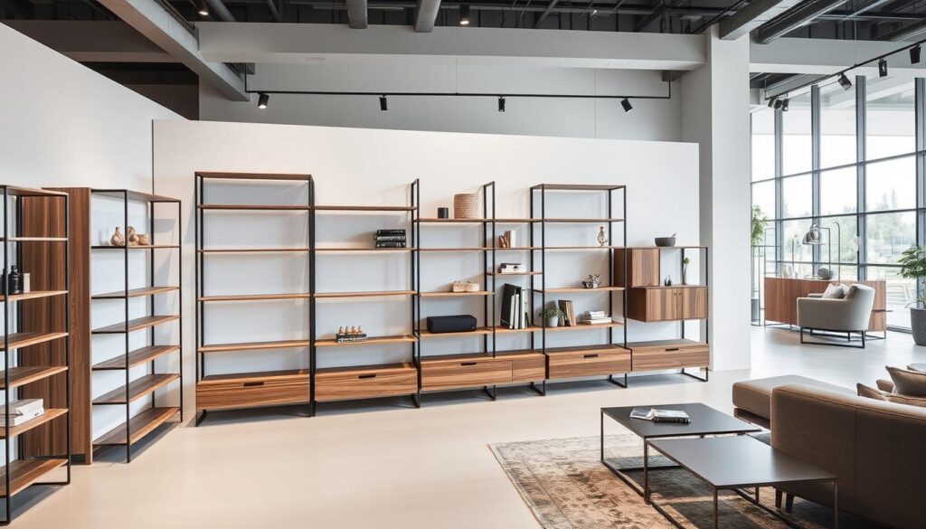 A modern, well-lit showroom showcasing an array of high-quality, custom-made shelving units from the TOPREGALI brand. The foreground features an elegant, minimalist display of various wood grain and metallic finish shelves, expertly crafted to exacting standards. In the middle ground, stylish lifestyle vignettes highlight the versatility of the modular storage solutions, arranged to inspire customers. The background reveals a sleek, contemporary interior with large windows, allowing natural light to flood the space and accentuate the craftsmanship of the TOPREGALI products. An atmosphere of sophistication, functionality, and attention to detail pervades the scene.