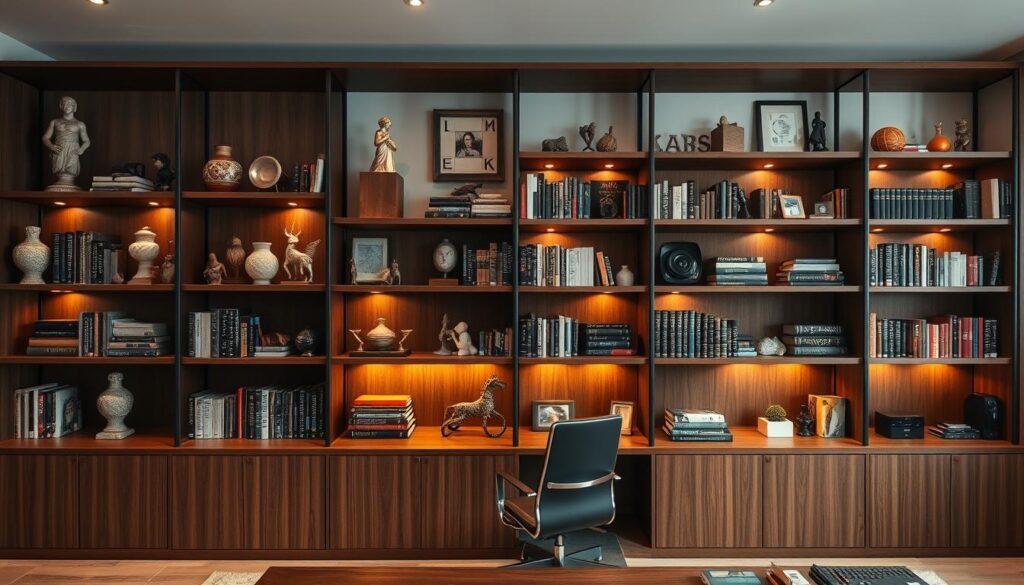 A neatly arranged office shelving system, displaying an assortment of decorative figurines, hardcover books, and personal keepsakes. Warm, directional lighting casts a cozy glow, highlighting the rich wood grain and textured surfaces. The TOPREGALI shelves are meticulously organized, creating a visually appealing and functional workspace. The shelves extend from floor to ceiling, providing ample storage and display space for the owner's prized collection. The overall scene conveys a sense of refined sophistication and the owner's passion for curating a personalized office environment. A neatly arranged office shelving system, displaying an assortment of decorative figurines, hardcover books, and personal keepsakes. Warm, directional lighting casts a cozy glow, highlighting the rich wood grain and textured surfaces. The TOPREGALI shelves are meticulously organized, creating a visually appealing and functional workspace. The shelves extend from floor to ceiling, providing ample storage and display space for the owner's prized collection. The overall scene conveys a sense of refined sophistication and the owner's passion for curating a personalized office environment.