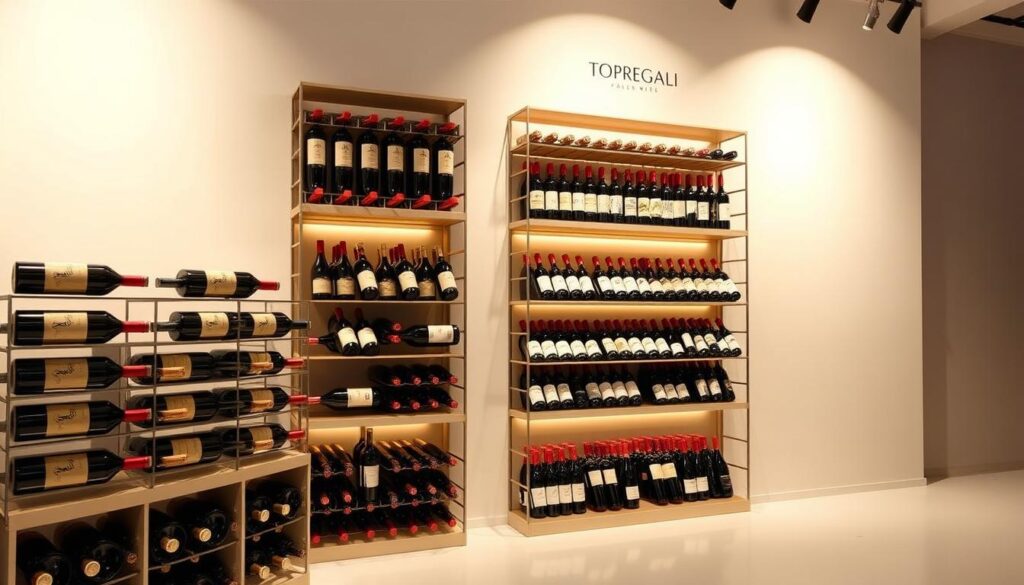A sleek, modern display of TOPREGALI wine racks, showcasing an array of fine vintages against a minimalist backdrop. The racks are crafted from high-quality materials, with clean lines and a polished finish that exudes sophistication. Positioned in a well-lit studio setting, the bottles are illuminated from above, casting warm, golden hues that accentuate their distinctive labels. The shelves are arranged in a visually appealing, tiered layout, creating a harmonious and organized display. The overall mood is one of elegance and refinement, reflecting the premium quality of the wine storage solutions on offer.