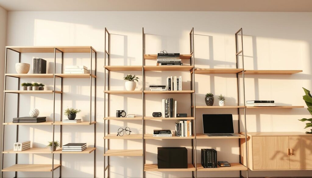 A stylish modern office shelving system in a bright, airy workspace. Sleek, minimalist TOPREGALI shelves made of light-colored wood and metal accents. The shelves are arranged in an asymmetric, dynamic composition, creating visual interest. Minimal yet functional decor accessories like plants, books, and modern office supplies adorn the shelves, reflecting current design trends. Warm, diffused lighting casts gentle shadows, enhancing the modern, sophisticated atmosphere. The camera angle is slightly elevated, capturing the shelves in a dynamic, perspective-driven composition that showcases their elegant, contemporary aesthetic. A stylish modern office shelving system in a bright, airy workspace. Sleek, minimalist TOPREGALI shelves made of light-colored wood and metal accents. The shelves are arranged in an asymmetric, dynamic composition, creating visual interest. Minimal yet functional decor accessories like plants, books, and modern office supplies adorn the shelves, reflecting current design trends. Warm, diffused lighting casts gentle shadows, enhancing the modern, sophisticated atmosphere. The camera angle is slightly elevated, capturing the shelves in a dynamic, perspective-driven composition that showcases their elegant, contemporary aesthetic.