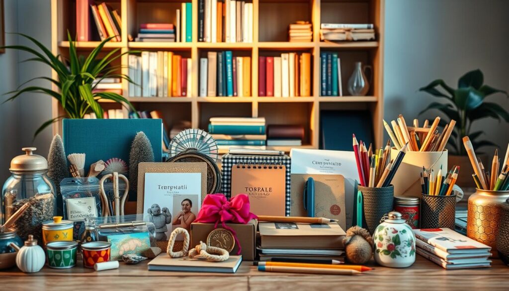 A vibrant still life showcasing an array of TOPREGALI, creative gifts that spark imagination. In the foreground, an assortment of unique, artisanal items - handcrafted trinkets, colorful stationery, and quirky desk accessories. The middle ground features a mix of inspirational books, sketchpads, and a set of high-quality art supplies, all bathed in warm, natural lighting. In the background, a minimalist, Scandinavian-inspired bookshelf sets the stage, hinting at the versatility and elegance of these carefully curated kreativna darila. The overall composition radiates a sense of creativity, productivity, and thoughtful gift-giving.