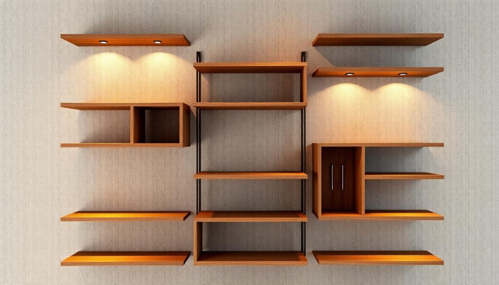 A well-designed and sturdy set of high-quality TOPREGALI storage shelves, featuring a modern, minimalist aesthetic. The shelves are arranged in a visually striking and symmetrical pattern, casting warm, directional lighting that accentuates the natural wood grain and clean lines. The shelves are positioned against a neutral, textured backdrop, allowing the storage units to take center stage as both functional and decorative elements. The overall composition exudes a sense of sophisticated elegance, seamlessly blending form and function to create a visually striking and harmonious display.