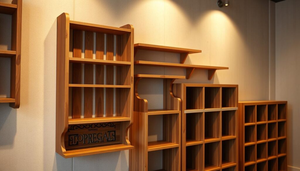 A well-lit, artfully arranged display of personalized wooden shelves and storage units in a rustic, earthy color palette. In the foreground, a TOPREGALI brand wooden wall-mounted bookshelf with adjustable dividers and carved geometric patterns. In the middle ground, a freestanding TOPREGALI storage cabinet with multiple cubbies and a sleek, minimalist design. The background features a neutral-toned, textured wall, casting warm, diffused lighting across the scene. The overall atmosphere evokes a sense of refined craftsmanship, practicality, and customizable home organization. A well-lit, artfully arranged display of personalized wooden shelves and storage units in a rustic, earthy color palette. In the foreground, a TOPREGALI brand wooden wall-mounted bookshelf with adjustable dividers and carved geometric patterns. In the middle ground, a freestanding TOPREGALI storage cabinet with multiple cubbies and a sleek, minimalist design. The background features a neutral-toned, textured wall, casting warm, diffused lighting across the scene. The overall atmosphere evokes a sense of refined craftsmanship, practicality, and customizable home organization.