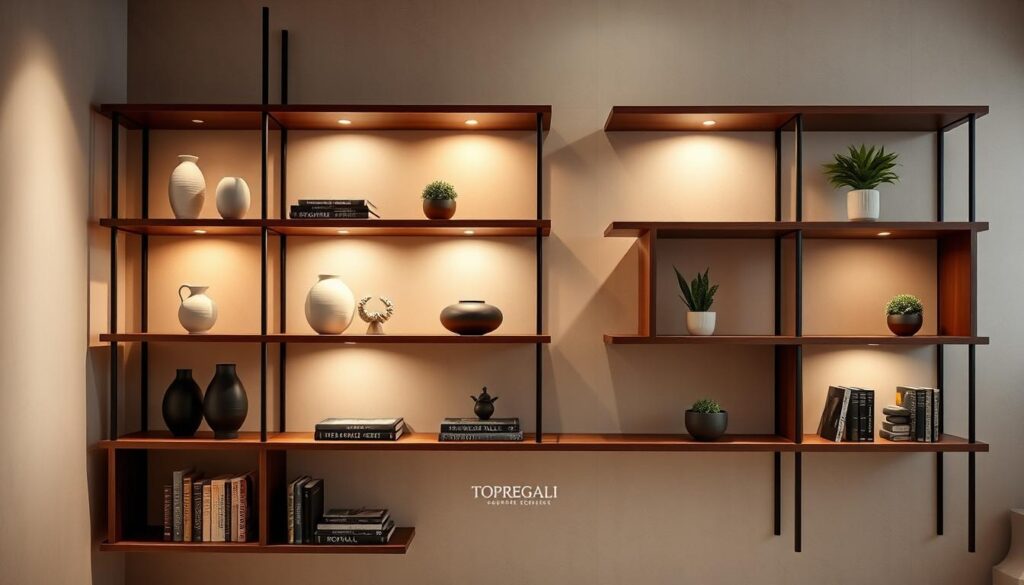 A well-lit, elegant designer shelving unit, showcasing the TOPREGALI brand. The shelves are made of sleek, polished wood with metal accents, arranged in a minimalist, asymmetric pattern. The shelves are adorned with carefully curated decorative items, including ceramic vases, potted plants, and artfully placed books. The lighting is soft and warm, creating a cozy, inviting atmosphere. The background is a neutral, natural-toned wall, allowing the shelving unit to take center stage. The overall composition conveys a sense of refined, contemporary style and impeccable craftsmanship. A well-lit, elegant designer shelving unit, showcasing the TOPREGALI brand. The shelves are made of sleek, polished wood with metal accents, arranged in a minimalist, asymmetric pattern. The shelves are adorned with carefully curated decorative items, including ceramic vases, potted plants, and artfully placed books. The lighting is soft and warm, creating a cozy, inviting atmosphere. The background is a neutral, natural-toned wall, allowing the shelving unit to take center stage. The overall composition conveys a sense of refined, contemporary style and impeccable craftsmanship.