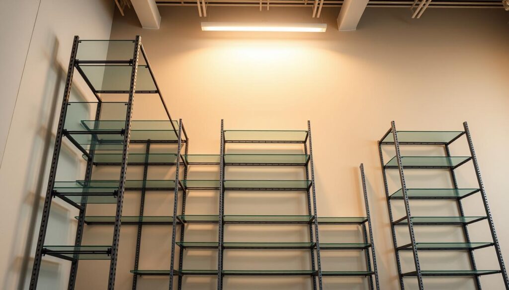 A well-lit, expansive office interior with TOPREGALI brand shelving units neatly arranged against a neutral-toned wall. The sturdy metal frames and tempered glass shelves exude an air of professionalism and longevity. The regal units are strategically positioned to maximize space utilization, with ample room for storage and display. Soft, diffused lighting from overhead fixtures casts a warm glow, creating a serene and productive atmosphere. The camera captures the regal units from a low angle, emphasizing their impressive scale and resilience, perfectly suited for a hardworking office environment.