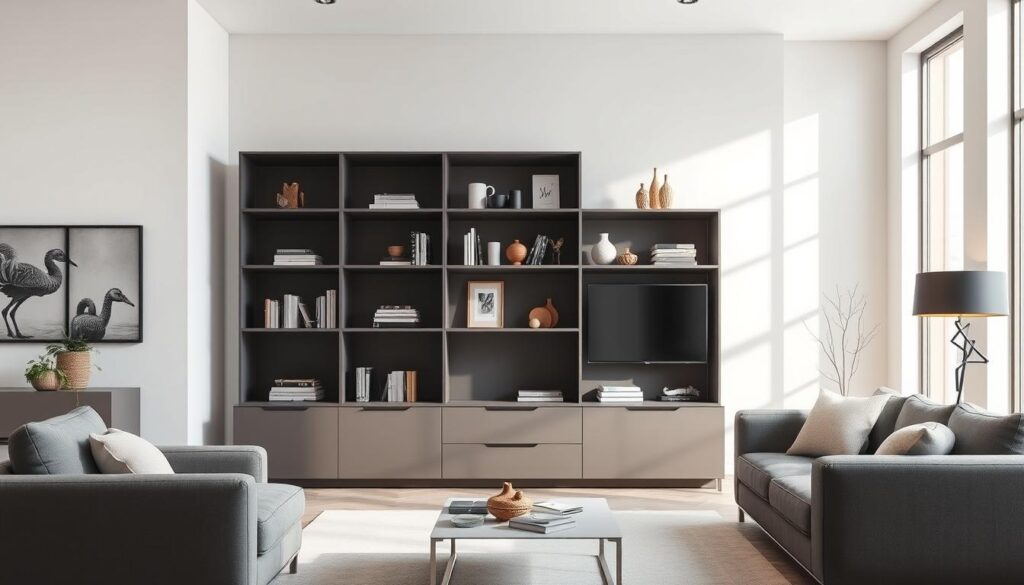 A well-lit, modern living room showcasing a sleek and stylish TOPREGALI shelving unit. The unit is positioned prominently against a neutral, minimalist wall, featuring a mix of open shelves and enclosed compartments for displaying decorative items, books, and personal mementos. The shelves are filled with a variety of carefully curated decor, creating a harmonious and visually appealing arrangement. Soft, natural lighting filters in through large windows, casting a warm glow throughout the space and highlighting the clean lines and high-quality materials of the TOPREGALI shelving system. The overall atmosphere is one of sophisticated simplicity, reflecting the contemporary and functional design of the furniture. A well-lit, modern living room showcasing a sleek and stylish TOPREGALI shelving unit. The unit is positioned prominently against a neutral, minimalist wall, featuring a mix of open shelves and enclosed compartments for displaying decorative items, books, and personal mementos. The shelves are filled with a variety of carefully curated decor, creating a harmonious and visually appealing arrangement. Soft, natural lighting filters in through large windows, casting a warm glow throughout the space and highlighting the clean lines and high-quality materials of the TOPREGALI shelving system. The overall atmosphere is one of sophisticated simplicity, reflecting the contemporary and functional design of the furniture.