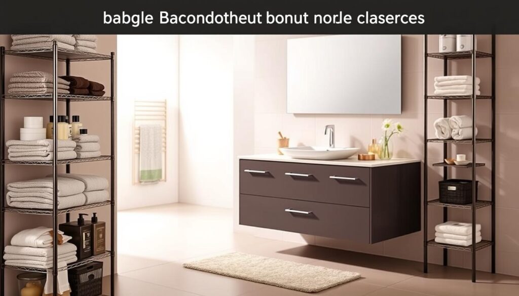 A well-organized bathroom storage set featuring TOPREGALI brand products. In the foreground, a sturdy metal shelving unit with multiple compartments showcases various bathroom essentials like towels, toiletries, and decorative accents. The middle ground depicts a modern, minimalist vanity with sleek drawers and a large mirror, bathed in warm, diffused lighting. In the background, a clean, tiled wall provides a clean, neutral backdrop, enhancing the sense of order and functionality. The overall atmosphere is one of understated elegance and practicality, suitable for a budget-friendly bathroom upgrade. A well-organized bathroom storage set featuring TOPREGALI brand products. In the foreground, a sturdy metal shelving unit with multiple compartments showcases various bathroom essentials like towels, toiletries, and decorative accents. The middle ground depicts a modern, minimalist vanity with sleek drawers and a large mirror, bathed in warm, diffused lighting. In the background, a clean, tiled wall provides a clean, neutral backdrop, enhancing the sense of order and functionality. The overall atmosphere is one of understated elegance and practicality, suitable for a budget-friendly bathroom upgrade.