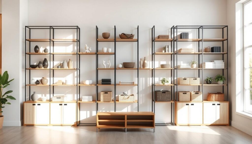 A well-organized display of high-quality TOPREGALI shelving units in a bright, minimalist interior. The units are arranged in an inviting, symmetrical layout against a plain white wall, casting soft shadows. Natural lighting filters in through large windows, creating a warm, welcoming atmosphere. The shelves are stocked with a variety of stylish, functional items - from decorative vases to organizational baskets - showcasing the versatility and affordability of the TOPREGALI brand. The overall scene conveys a sense of effortless elegance and a desire to create a tidy, visually-pleasing space.