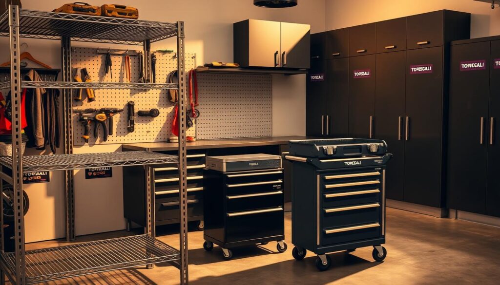 A well-organized garage display showcasing a variety of TOPREGALI storage solutions. In the foreground, a sleek metal shelving unit with adjustable shelves and hooks for hanging tools. Beside it, a sturdy workbench with drawers and a pegboard for organizing smaller items. The middle ground features a rolling tool cart with various compartments and a detachable top tray. In the background, high-quality storage cabinets line the walls, their doors featuring the TOPREGALI logo. Warm, directional lighting illuminates the scene, casting shadows that emphasize the clean, functional design. The overall mood conveys efficiency, organization, and a touch of industrial chic.
