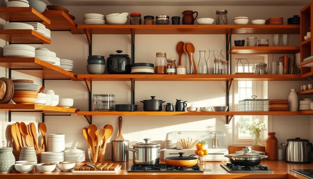 A well-organized kitchen showcasing a collection of TOPREGALI shelves, displaying an array of cookware and utensils. Warm, natural lighting illuminates the scene, creating a cozy, inviting atmosphere. The shelves, made of high-quality wood, are arranged in a visually appealing manner, highlighting the various shapes, sizes, and colors of the items they hold. In the foreground, a selection of ceramic bowls, wooden spoons, and glass jars create a harmonious display. The middle ground features a mix of pots, pans, and baking trays, while the background depicts the rest of the kitchen, suggesting a functional and well-equipped space.
