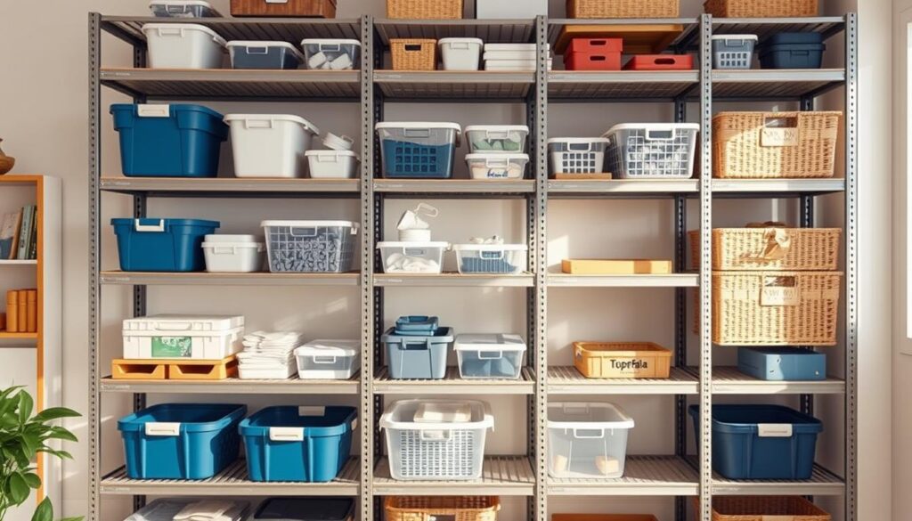 A well-organized storage shelving unit, showcasing the TOPREGALI brand. In the foreground, various neatly arranged containers, boxes, and baskets sit atop the shelves, demonstrating efficient space utilization. The middle ground features sturdy, adjustable shelves made of high-quality materials, allowing for customizable organization. The background depicts a clean, well-lit room, with natural lighting creating a warm and inviting atmosphere. The shelving unit is positioned to highlight its functional design, emphasizing its suitability for maintaining and caring for a tidy, organized living or workspace.