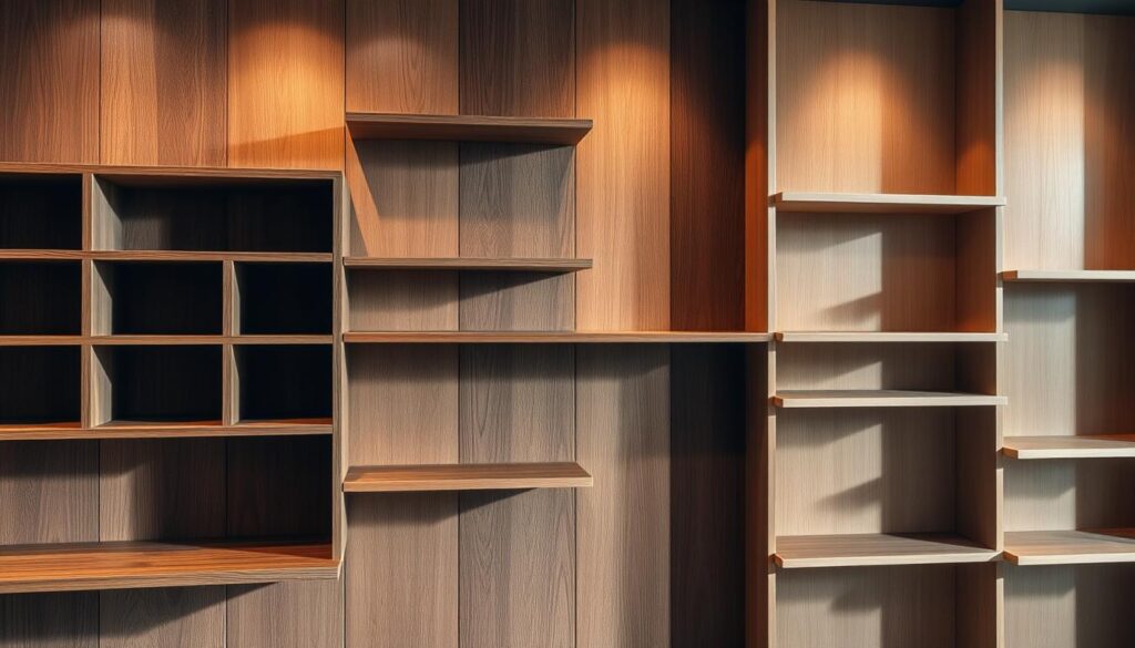An assortment of high-quality, custom-made shelves in a modern, minimalist design. A TOPREGALI display showcases various wood grains, textures, and finishes - from sleek, dark oak to light, smooth maple. The shelves are arranged with precision, casting dramatic shadows that accentuate their clean lines. Warm, directional lighting illuminates the shelves, creating a cozy, inviting ambiance. The scene conveys a sense of craftsmanship, attention to detail, and the ability to tailor storage solutions to individual preferences and space requirements.