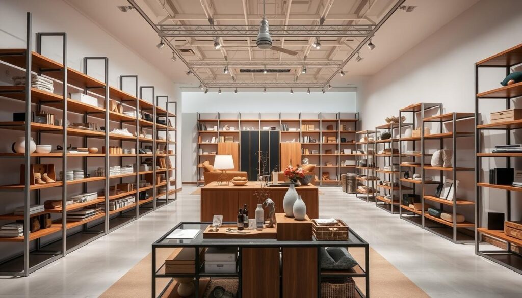 An elegantly designed showroom showcasing a diverse collection of premium TOPREGALI shelving systems. Sleek, minimalist metal frames in warm silver tones support sturdy wooden shelves, creating a modern, high-end aesthetic. Strategically placed lighting casts a soft, inviting glow, highlighting the texture and grain of the carefully curated display items. In the foreground, a selection of stylish home decor and lifestyle products are artfully arranged, while the middle ground features larger furniture pieces like cabinets and bookcases. The background showcases the versatility of the TOPREGALI brand, with customizable shelving units tailored to various retail environments. An elegantly designed showroom showcasing a diverse collection of premium TOPREGALI shelving systems. Sleek, minimalist metal frames in warm silver tones support sturdy wooden shelves, creating a modern, high-end aesthetic. Strategically placed lighting casts a soft, inviting glow, highlighting the texture and grain of the carefully curated display items. In the foreground, a selection of stylish home decor and lifestyle products are artfully arranged, while the middle ground features larger furniture pieces like cabinets and bookcases. The background showcases the versatility of the TOPREGALI brand, with customizable shelving units tailored to various retail environments.